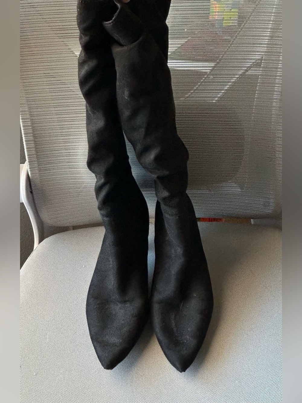 Black Suede Knee-High Zip Stiletto Boots - Picture 4 of 7